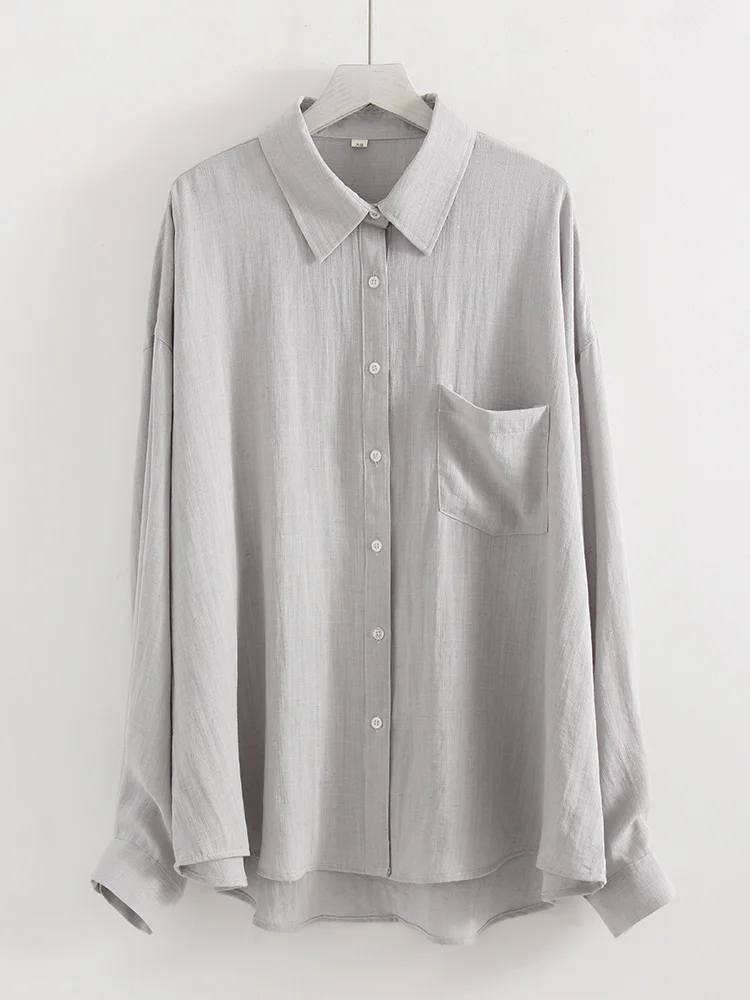 Chemises en lin bleues d'été pour femmes, hauts amples à manches longues, chemise verte pour femme, hauts basiques en lin pour le travail, chemises blanches pour femmes – Image 9
