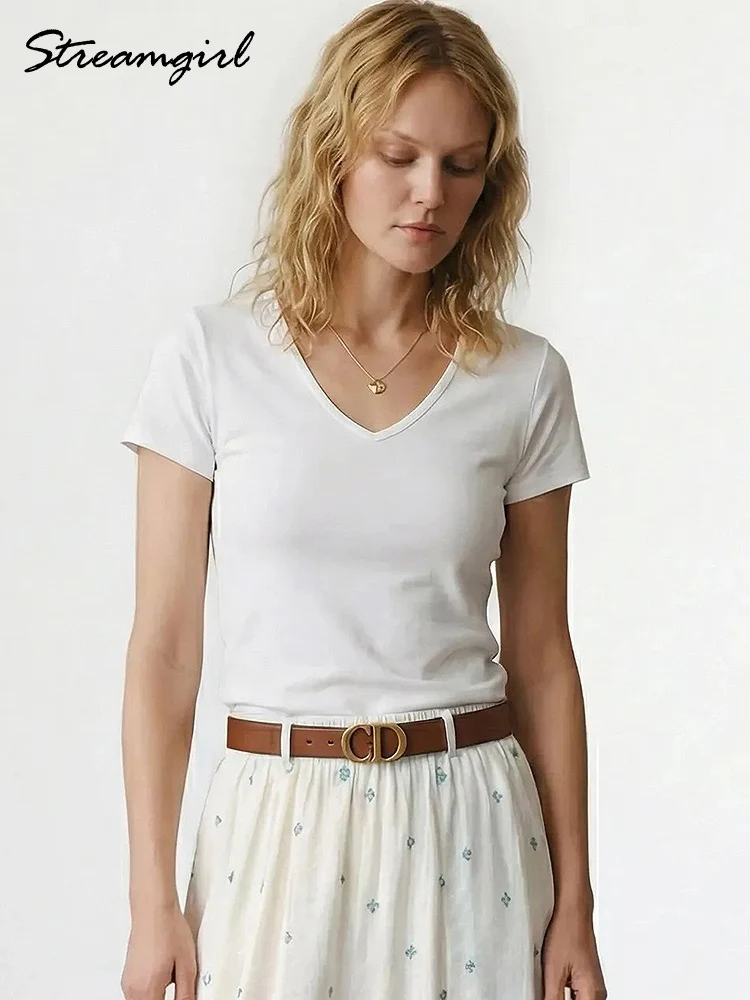 T-shirt Streamgirl d'été en modal à col en V et manches courtes pour femme, blanc, classique, uni, ajusté, slim, style streetwear café – Image 3