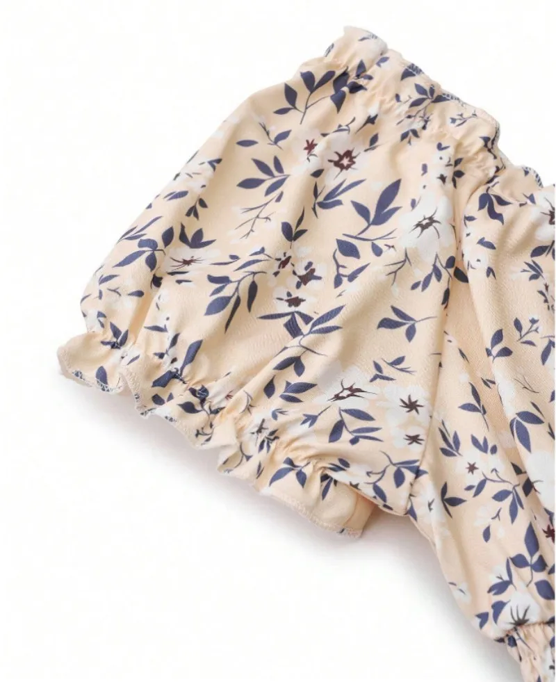 Robe florale vintage avec poignets moelleux et taille plissée, adaptée aux vêtements de plage d'été et aux fêtes d'été pour femmes – Image 6