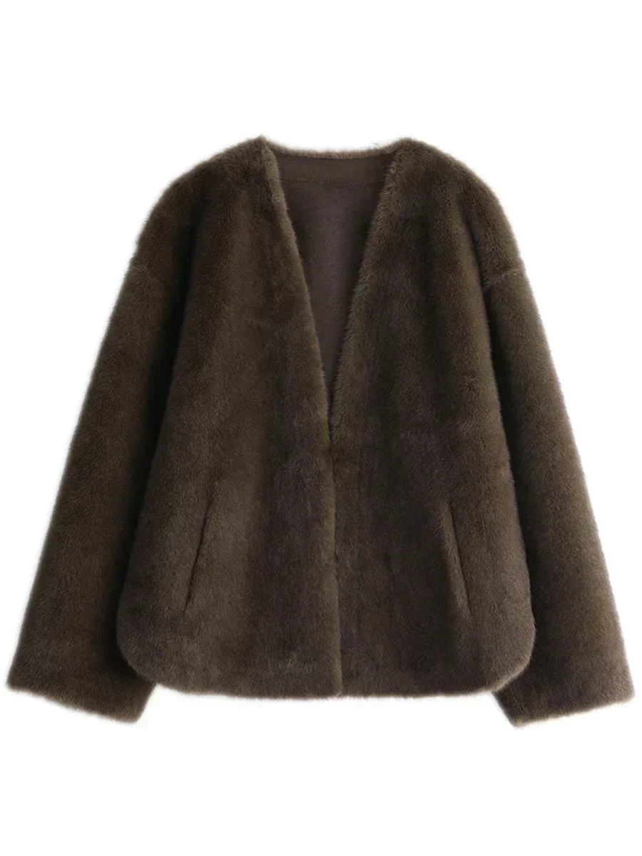 Veste Femme Décontractée Ample Couleur Unie Nouveau Manteau en Peluche Col en V Vêtement d'Extérieur Femme Automne Hiver 2026 – Image 4