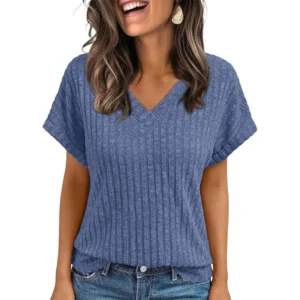 T-shirt été pour femmes Europe amérique tout-match tricot T-shirt été 2026 nouveau décontracté col en v à manches courtes pull dame solide hauts