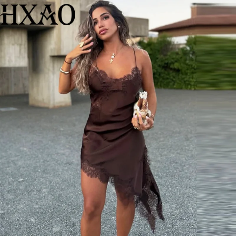 HXAO femme robe en dentelle sans manches Slip robes courtes femmes été asymétrique élégant robes de nuit dos nu Sexy robe de soirée