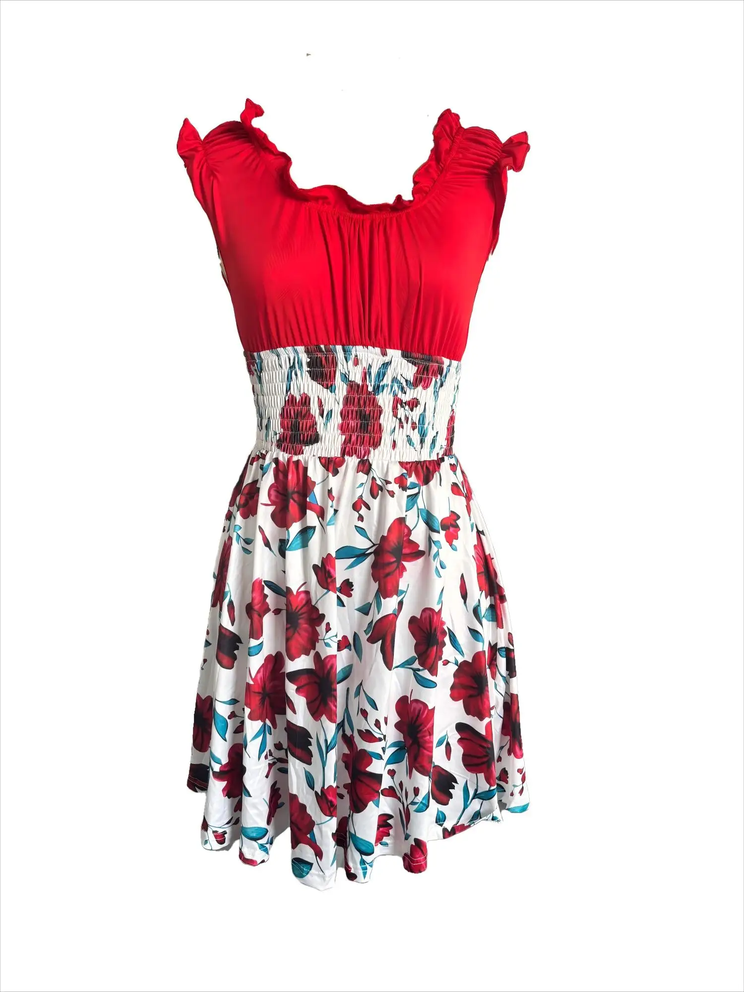Robe d'été pour femmes, col en v, coupe ajustée, taille élastique, avec motif patchwork floral, adaptée aux vacances à la plage – Image 5