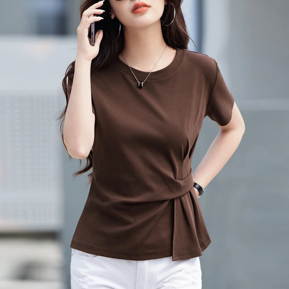 T-shirt décontracté à manches courtes et col rond en coton irrégulier pour femme – Nouvelle collection été – Image 3