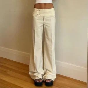 Pantalon vintage Y2K streetwear coréen pour femme, taille basse, coupe droite ample, beige, boutonné, basique, style années 2000, décontracté