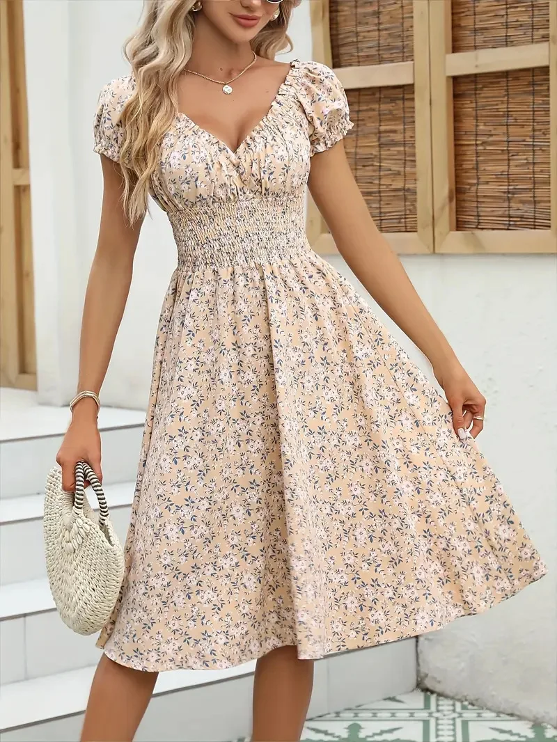 Robe florale vintage avec poignets moelleux et taille plissée, adaptée aux vêtements de plage d'été et aux fêtes d'été pour femmes – Image 2