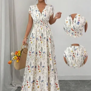 Robe longue cintrée sans manches à col en V et motif floral pour femme