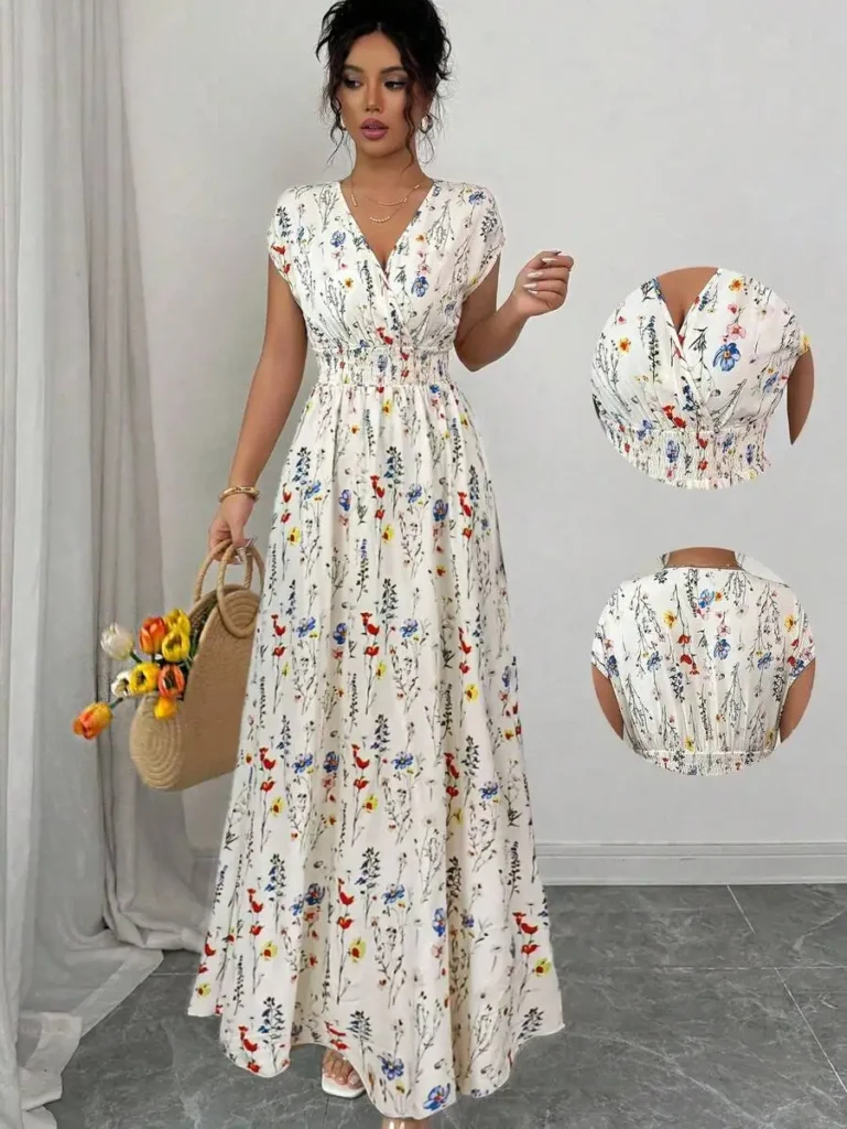 Robe longue cintrée sans manches à col en V et motif floral pour femme