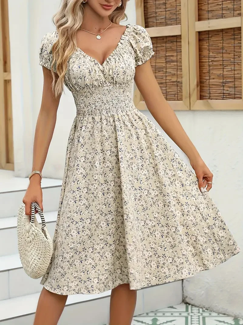 Robe florale vintage avec poignets moelleux et taille plissée, adaptée aux vêtements de plage d'été et aux fêtes d'été pour femmes – Image 9