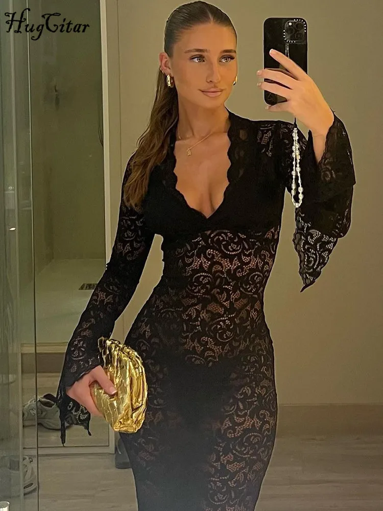 Hugcitar maille imprimé fleuri col en V manches longues évasées Sexy voir à travers Maxi robe printemps femmes mode vêtements plage vacances Club – Image 3