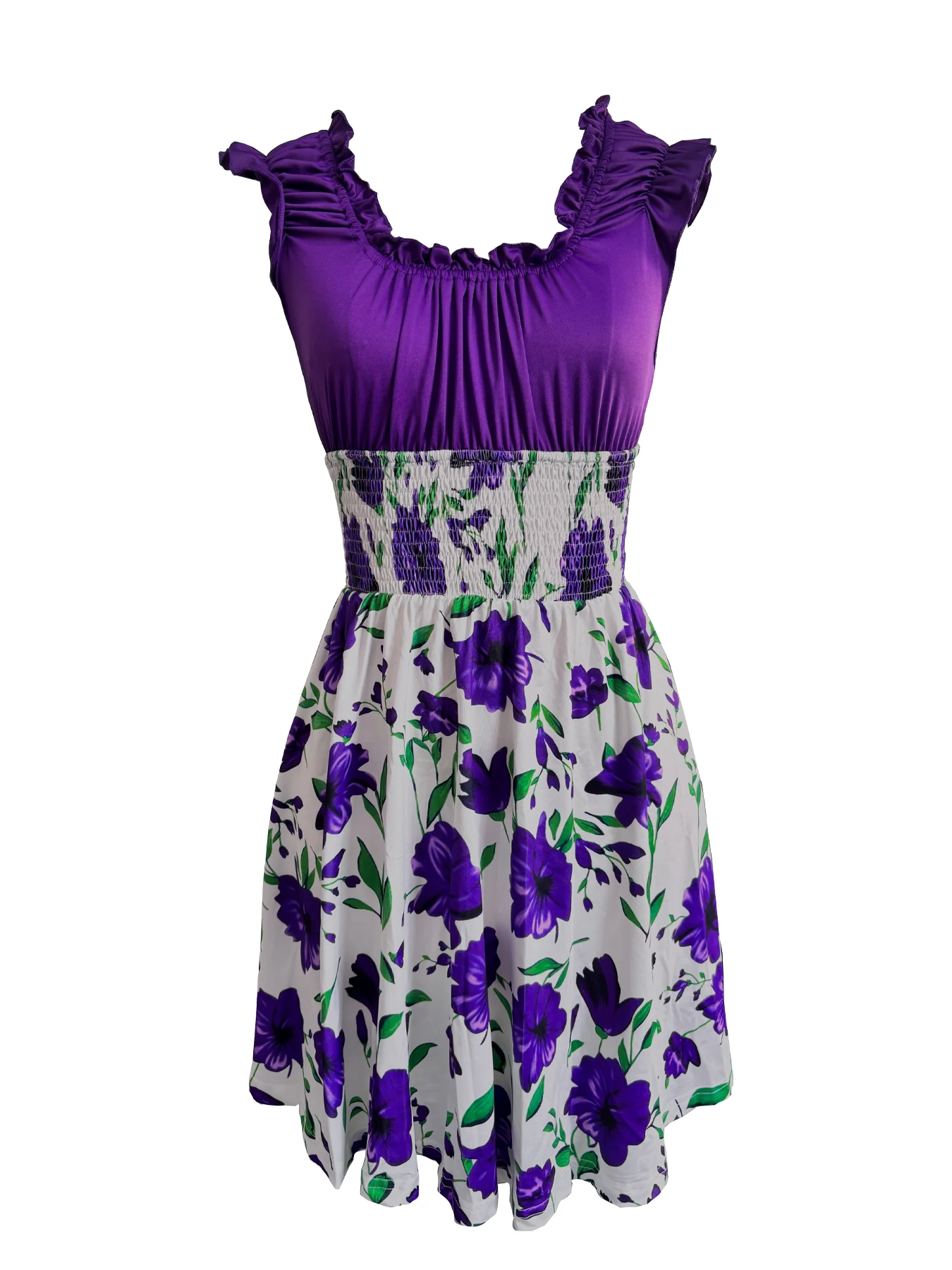 Robe d'été pour femmes, col en v, coupe ajustée, taille élastique, avec motif patchwork floral, adaptée aux vacances à la plage – Image 6