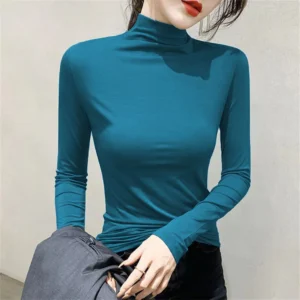 T-shirt Coréen automne hiver à manches longues mince hauts extensibles dames Sexy tout-match t-shirts nouveau basique col roulé à manches longues femmes T-shirt