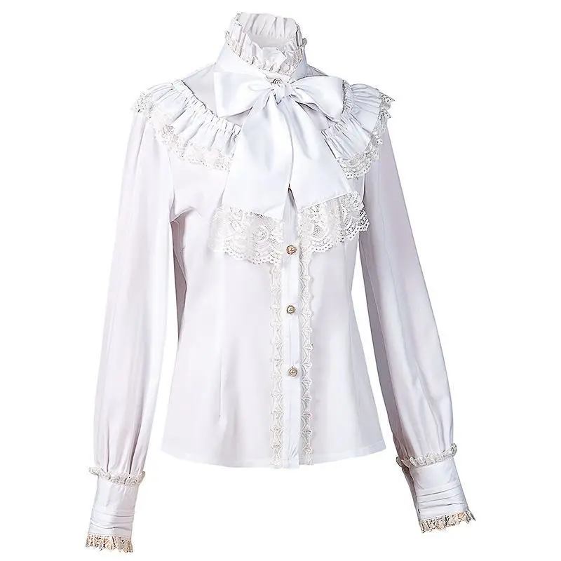 Chemise Femme Vintage à Col Volanté, Col Montant, Bordure Dentelle, Boutonnée – Blouse Gothique Élégante – Image 4