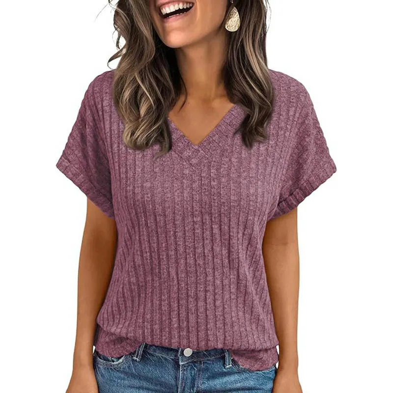 T-shirt été pour femmes Europe amérique tout-match tricot T-shirt été 2026 nouveau décontracté col en v à manches courtes pull dame solide hauts – Image 6