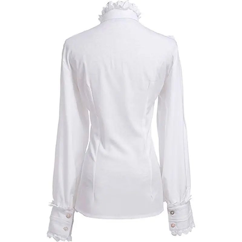 Chemise Femme Vintage à Col Volanté, Col Montant, Bordure Dentelle, Boutonnée – Blouse Gothique Élégante – Image 3