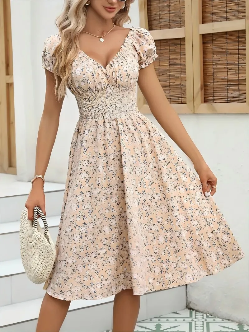 Robe florale vintage avec poignets moelleux et taille plissée, adaptée aux vêtements de plage d'été et aux fêtes d'été pour femmes – Image 8