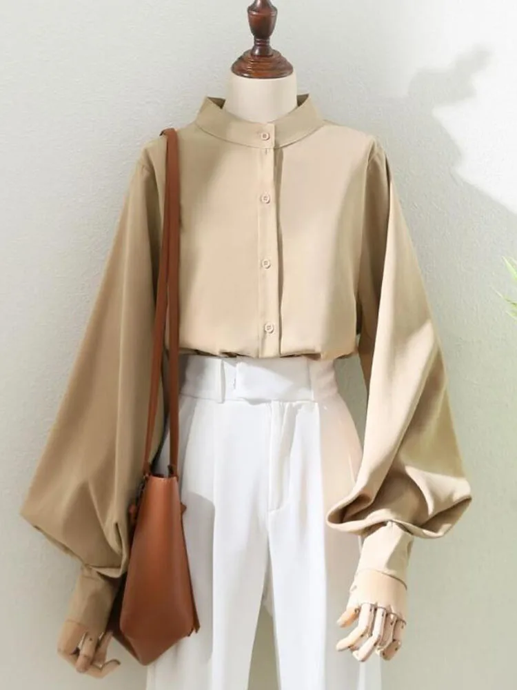 chemises en mousseline de soie lâche lanterne manches coréen bureau dames chemises boutonné mode col montant hauts – Image 4
