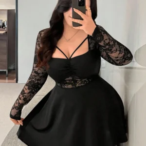 Robe en dentelle à manches longues pour femmes, grande taille, robe courte en dentelle, tenue décontractée chic, vêtements de printemps et d'été, robe quotidienne