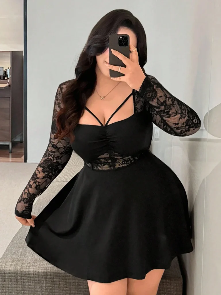 Robe en dentelle à manches longues pour femmes, grande taille, robe courte en dentelle, tenue décontractée chic, vêtements de printemps et d'été, robe quotidienne