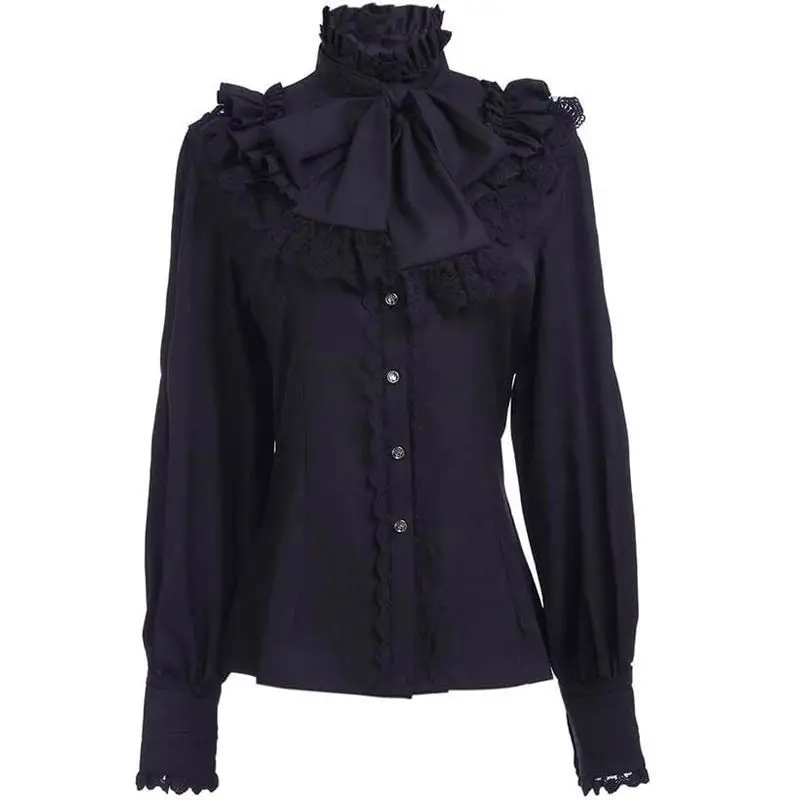 Chemise Femme Vintage à Col Volanté, Col Montant, Bordure Dentelle, Boutonnée – Blouse Gothique Élégante – Image 5
