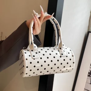 Sac à bandoulière en forme de baril pour femmes, Mini sac à main à poignée supérieure en cuir PU à pois, mignon sac à main avec sangle réglable, usage quotidien