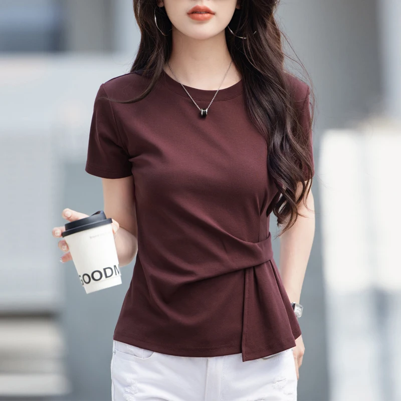 T-shirt décontracté à manches courtes et col rond en coton irrégulier pour femme – Nouvelle collection été – Image 8