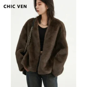 Veste Femme Décontractée Ample Couleur Unie Nouveau Manteau en Peluche Col en V Vêtement d'Extérieur Femme Automne Hiver 2026