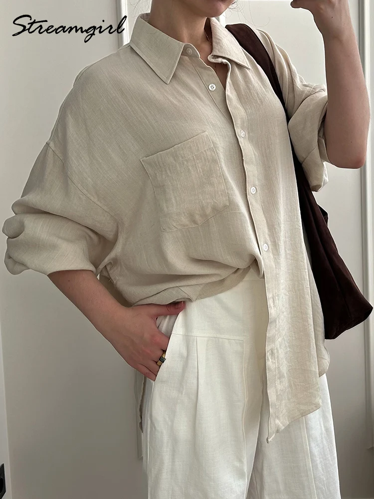 Chemises en lin bleues d'été pour femmes, hauts amples à manches longues, chemise verte pour femme, hauts basiques en lin pour le travail, chemises blanches pour femmes – Image 3