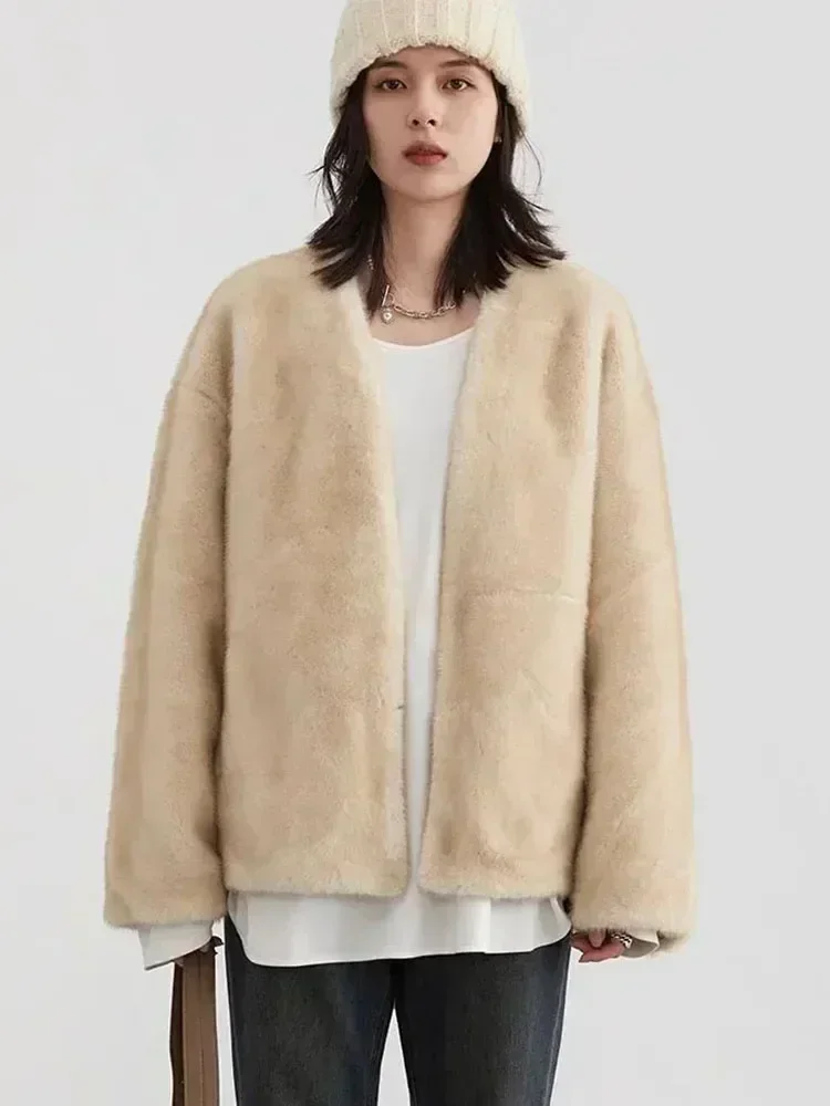 Veste Femme Décontractée Ample Couleur Unie Nouveau Manteau en Peluche Col en V Vêtement d'Extérieur Femme Automne Hiver 2026 – Image 5