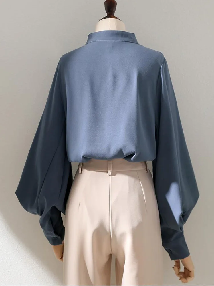 chemises en mousseline de soie lâche lanterne manches coréen bureau dames chemises boutonné mode col montant hauts – Image 5