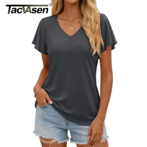 T-shirts pour femmes TACVASEN à manches volantées, col en V, manches cloche, doux, confortables, coupe décontractée, hauts décontractés d'été, coupe ample, t-shirts basiques unis