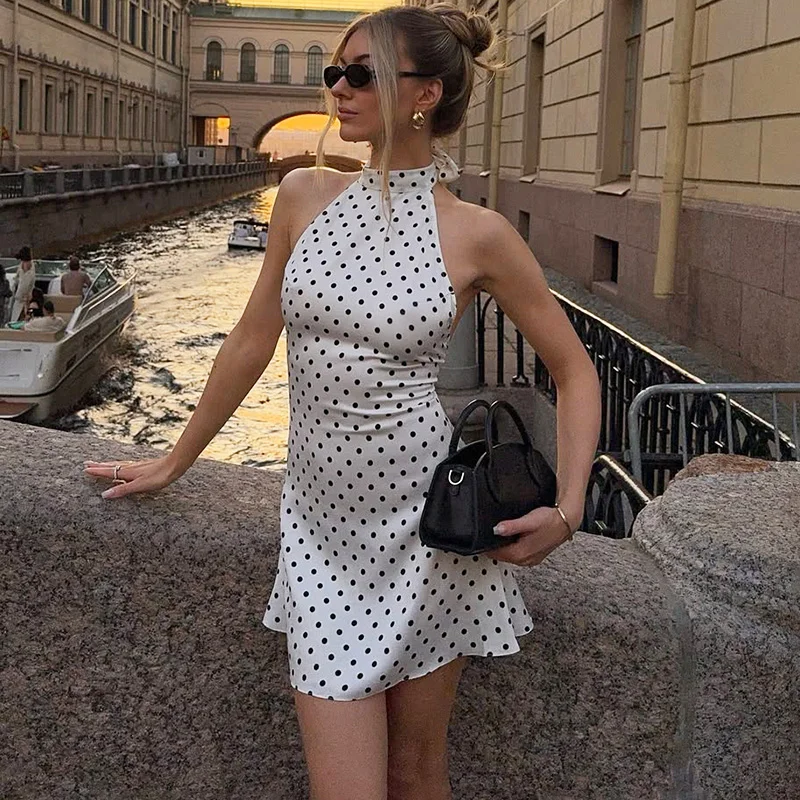 Tornova – robe sans manches à pois pour femmes, col licou, Sexy, dos nu, mode, Mini, élégante, Slim, mode, vêtements de fête de vacances – Image 3