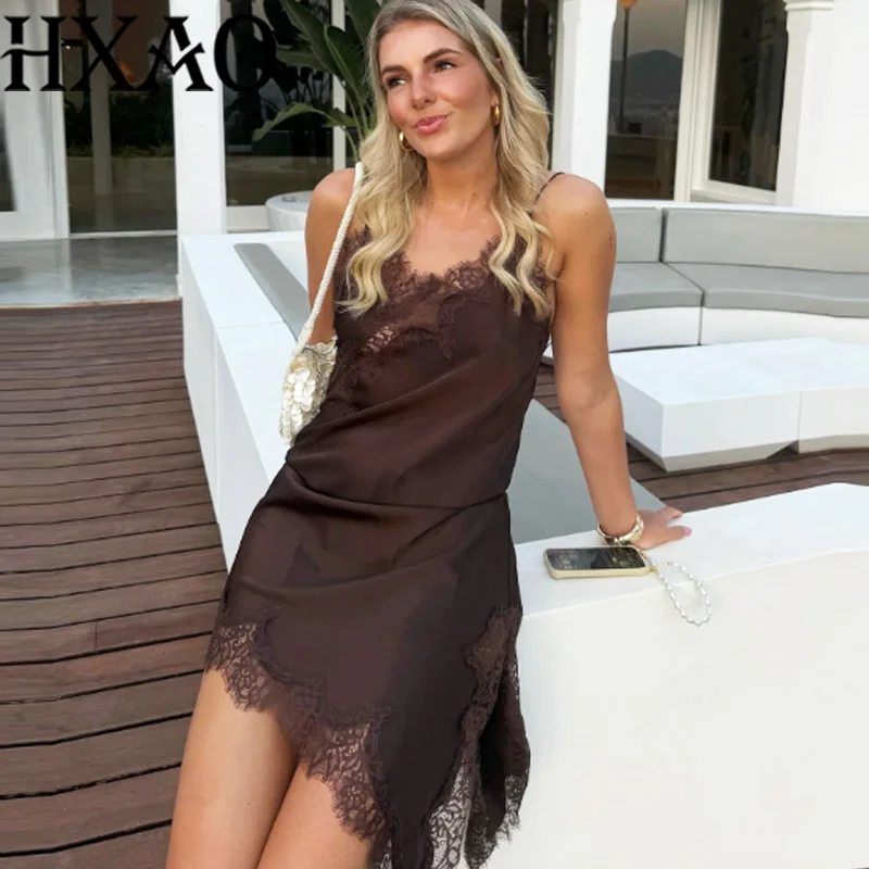HXAO femme robe en dentelle sans manches Slip robes courtes femmes été asymétrique élégant robes de nuit dos nu Sexy robe de soirée – Image 5