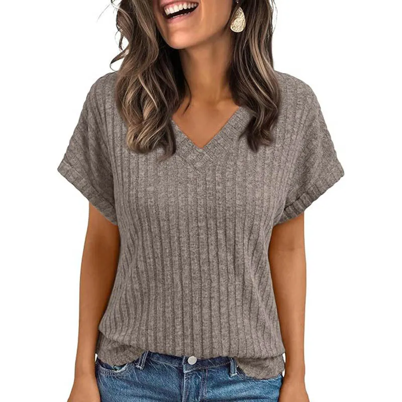 T-shirt été pour femmes Europe amérique tout-match tricot T-shirt été 2026 nouveau décontracté col en v à manches courtes pull dame solide hauts – Image 3