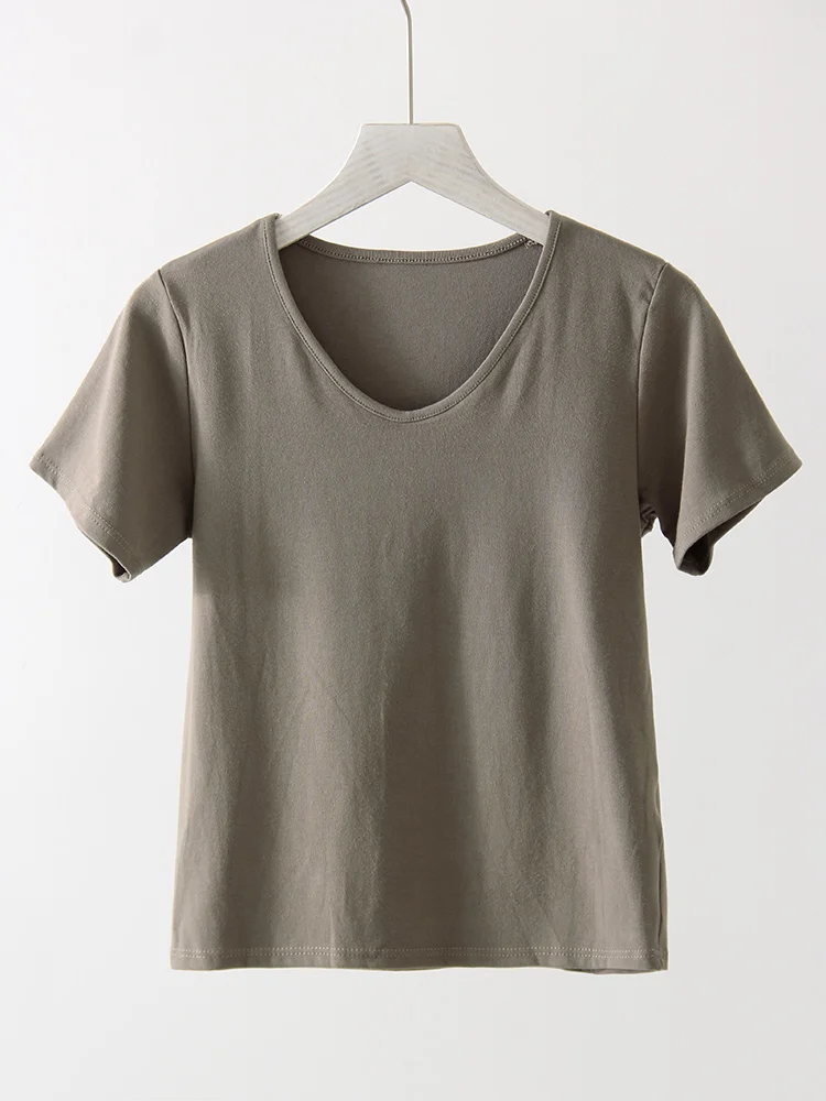 T-shirt Streamgirl d'été en modal à col en V et manches courtes pour femme, blanc, classique, uni, ajusté, slim, style streetwear café – Image 11