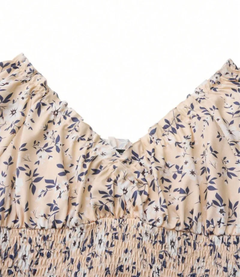 Robe florale vintage avec poignets moelleux et taille plissée, adaptée aux vêtements de plage d'été et aux fêtes d'été pour femmes – Image 5