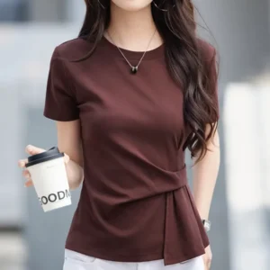 T-shirt décontracté à manches courtes et col rond en coton irrégulier pour femme – Nouvelle collection été