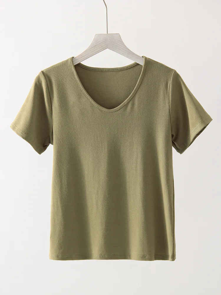 T-shirt Streamgirl d'été en modal à col en V et manches courtes pour femme, blanc, classique, uni, ajusté, slim, style streetwear café – Image 9