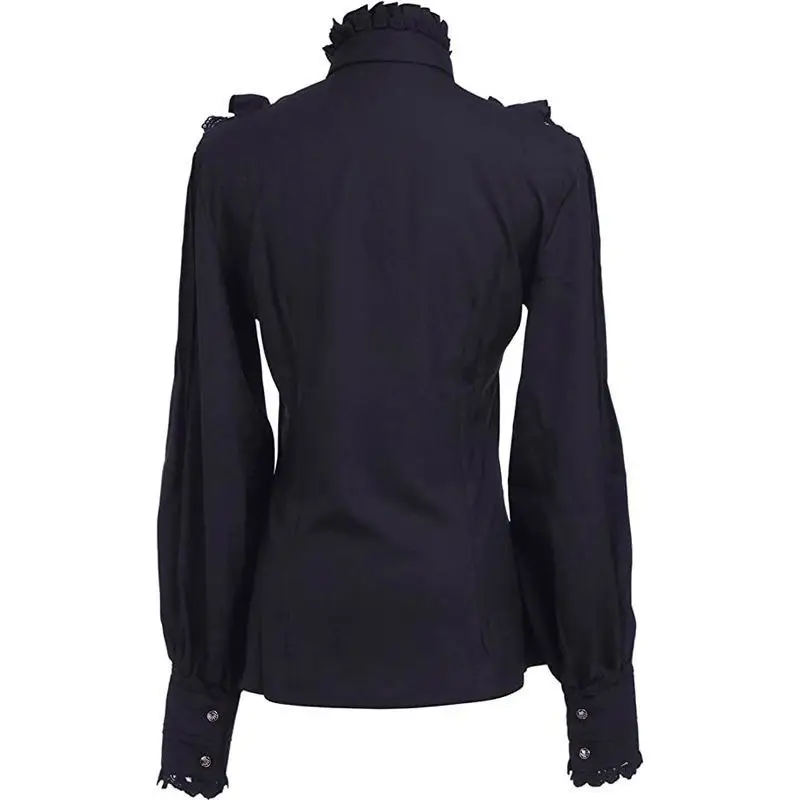 Chemise Femme Vintage à Col Volanté, Col Montant, Bordure Dentelle, Boutonnée – Blouse Gothique Élégante – Image 6